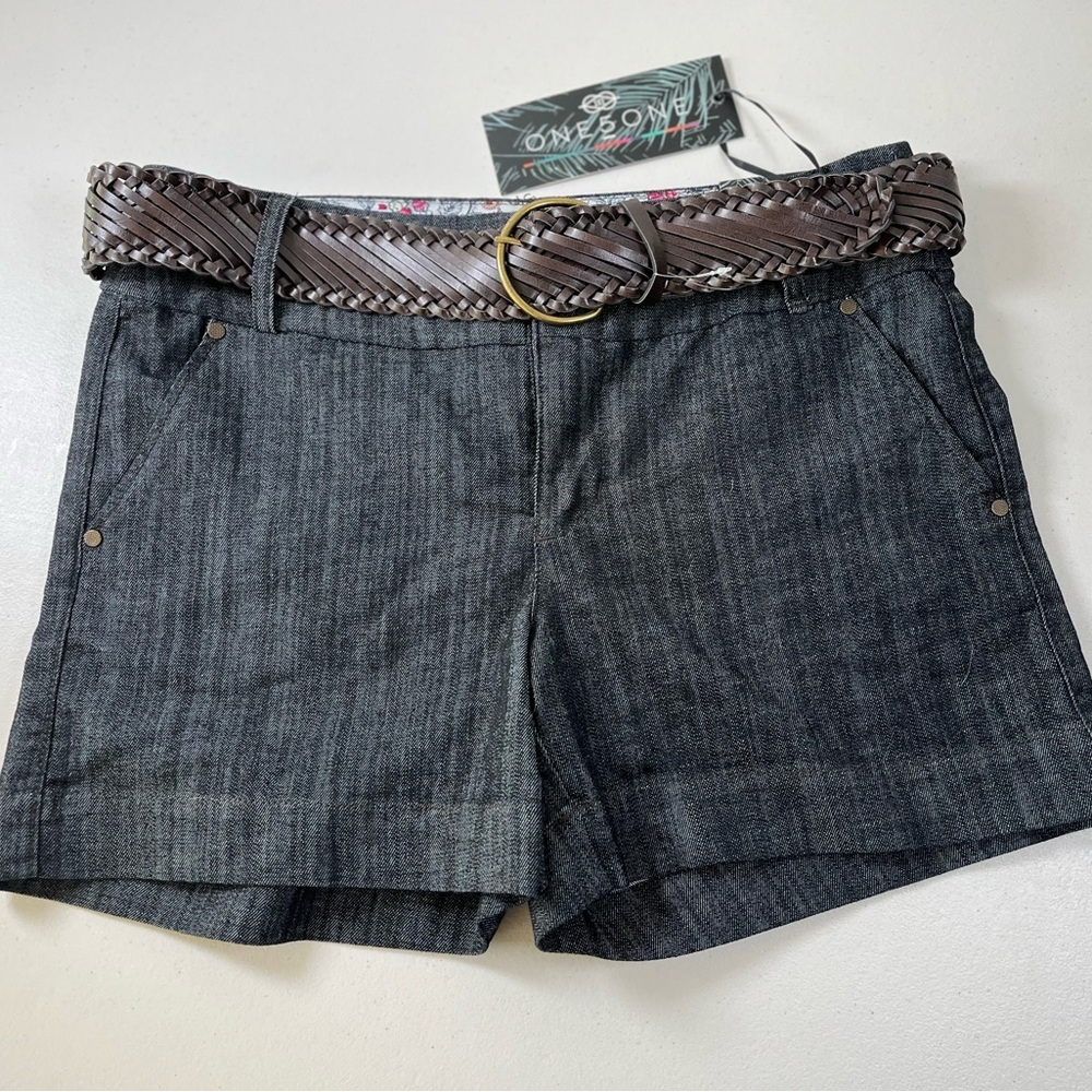 One 5 One Dark Gray Jean Shorts with Brown Belt, NWT - Picture 3 of 5